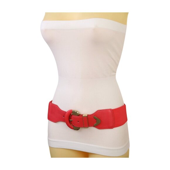 New Women Coral Pink Faux Leather Elastic Waistband Belt Round Gold Buckle S M - Picture 3 of 16